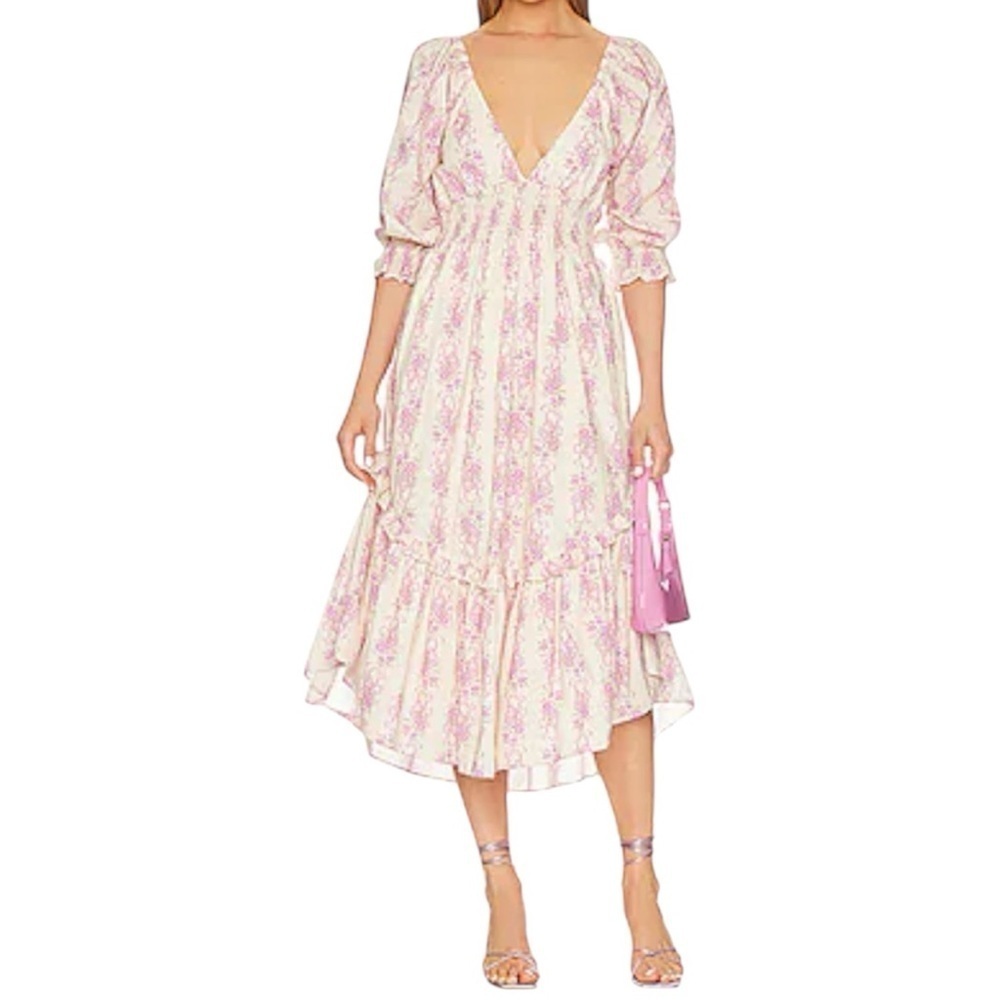 Loveshackfancy-NWT Ivory and Pink floral Firefly Longsleeve Vneckline Midi Dress